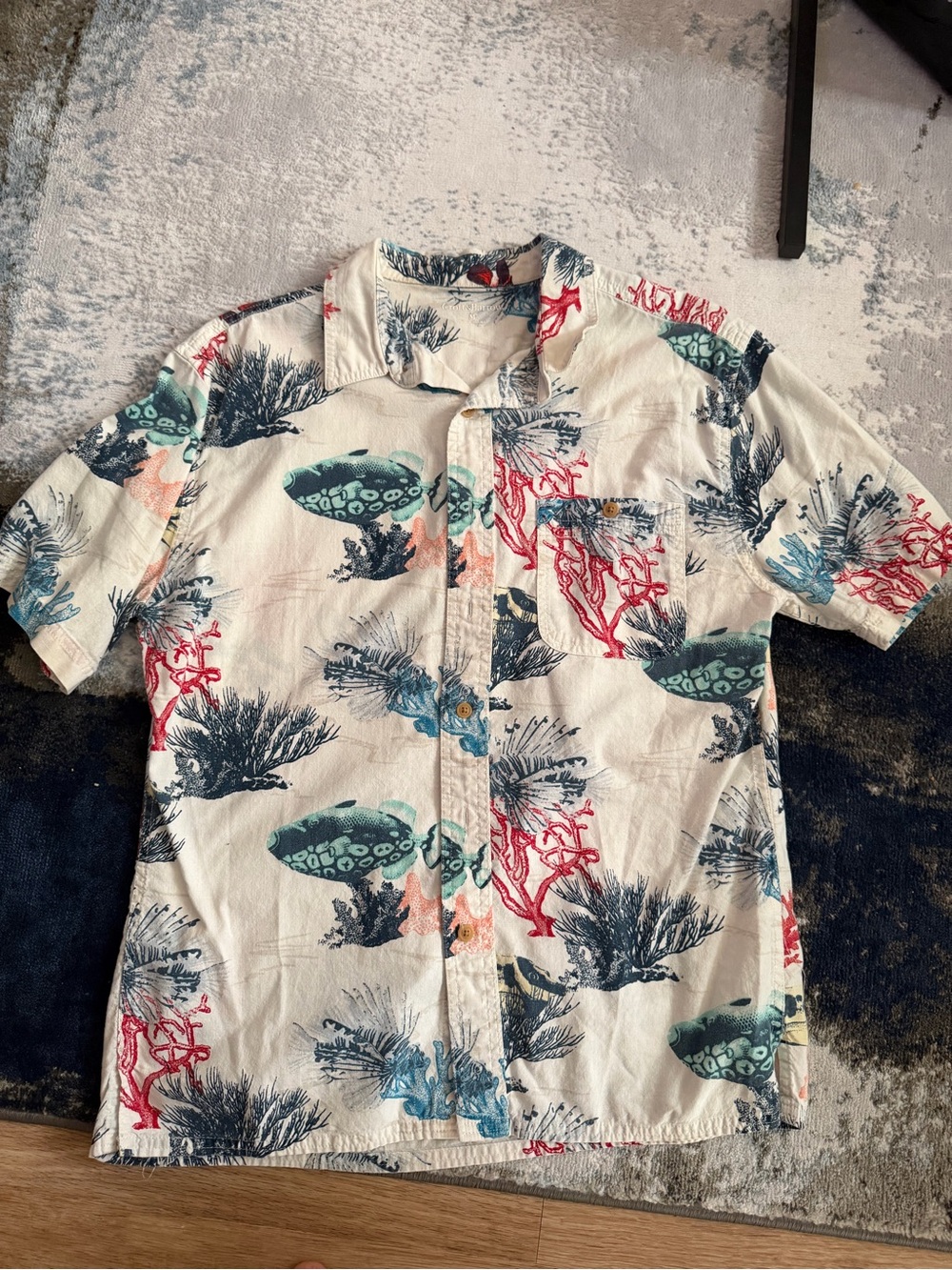 Tropical Coral Reef Button-Up Shirt — White with Teal & Red Print
